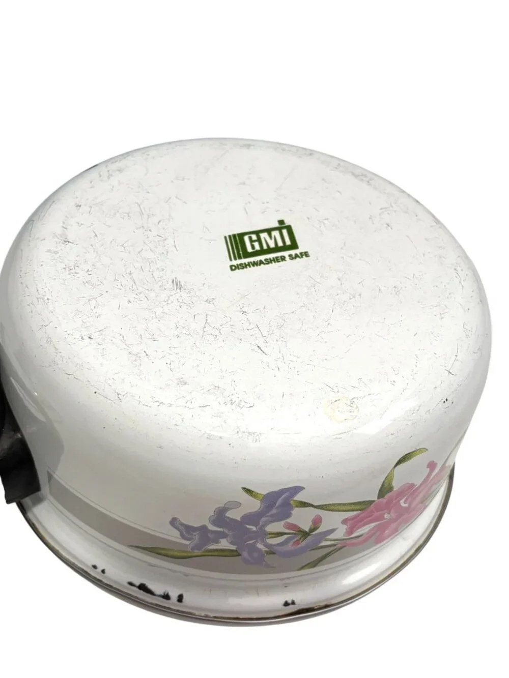 Vintage Floral Enamel Cooking Pot With Lid 2-Quart Black Handles White With Pink
